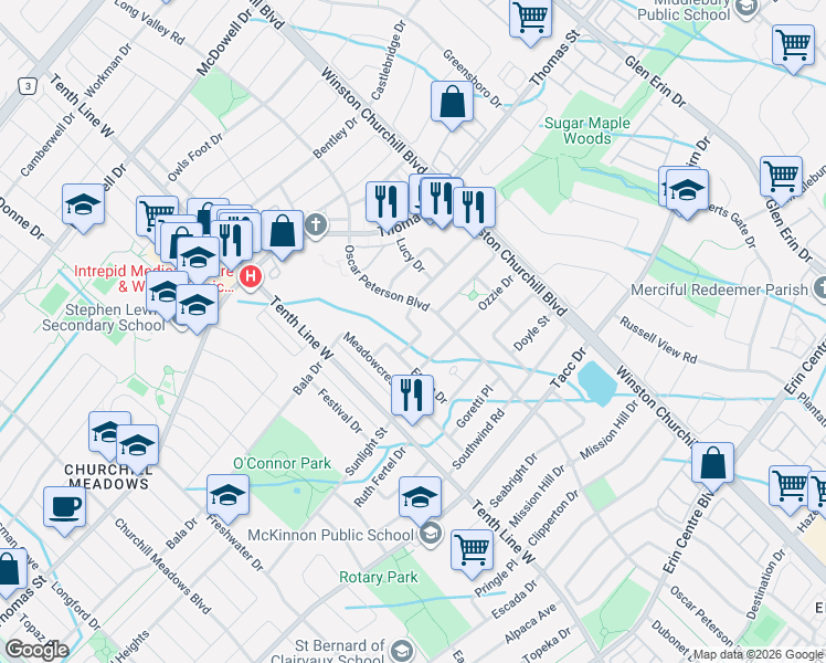 map of restaurants, bars, coffee shops, grocery stores, and more near 3459 Park Heights Way in Mississauga