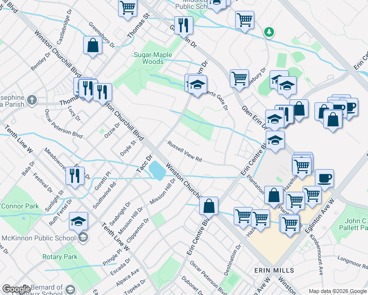 map of restaurants, bars, coffee shops, grocery stores, and more near 5343 Russell View Road in Mississauga