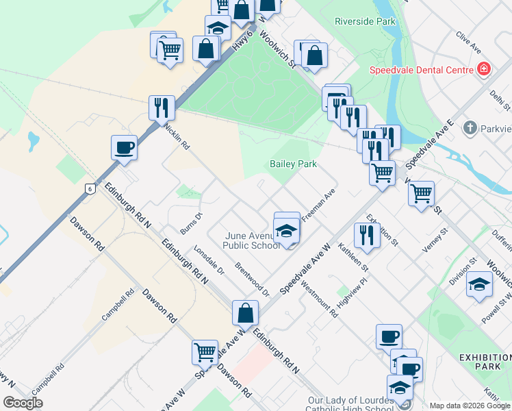 map of restaurants, bars, coffee shops, grocery stores, and more near 53 Nicklin Crescent in Guelph