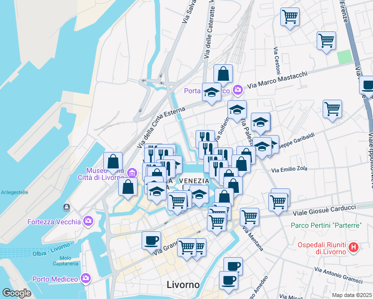 map of restaurants, bars, coffee shops, grocery stores, and more near 19 Via degli Scali della Dogana D'Acqua in Livorno