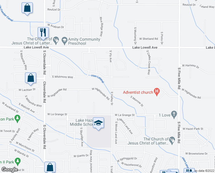 map of restaurants, bars, coffee shops, grocery stores, and more near 5057 South Valley Street in Boise