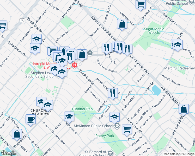 map of restaurants, bars, coffee shops, grocery stores, and more near 5609 Meadowcrest Avenue in Mississauga