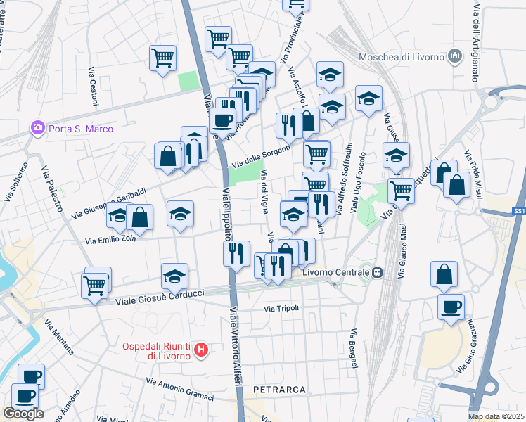 map of restaurants, bars, coffee shops, grocery stores, and more near 113 Via del Vigna in Livorno