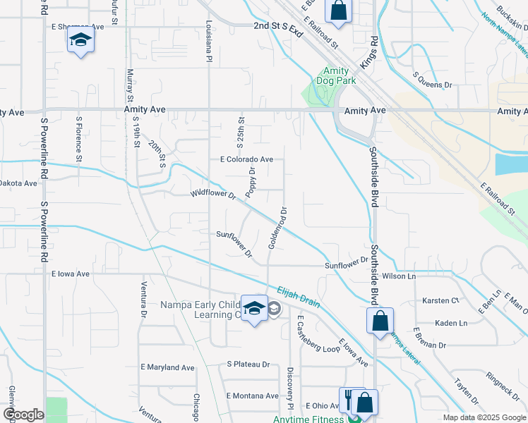 map of restaurants, bars, coffee shops, grocery stores, and more near 2514 Wildflower Drive in Nampa