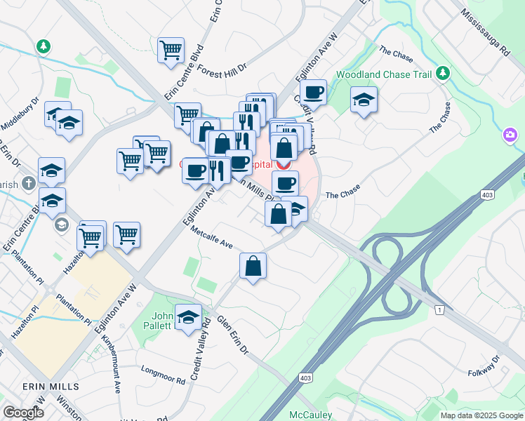 map of restaurants, bars, coffee shops, grocery stores, and more near 2275 Credit Valley Road in Mississauga