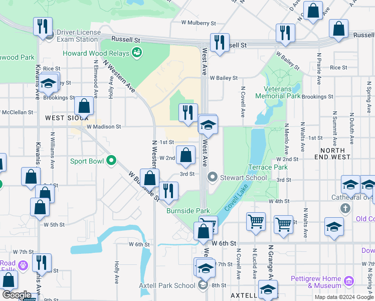 map of restaurants, bars, coffee shops, grocery stores, and more near 1505 West 1st Street in Sioux Falls