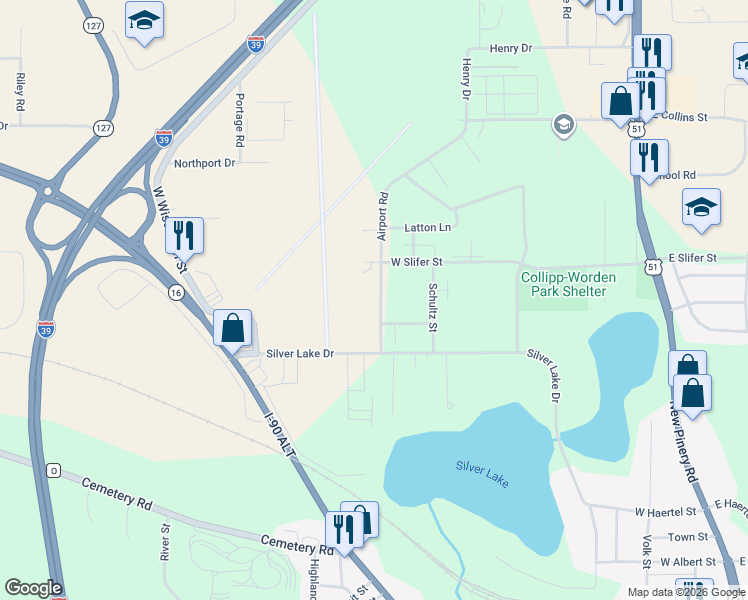 map of restaurants, bars, coffee shops, grocery stores, and more near 2425 Airport Road in Portage