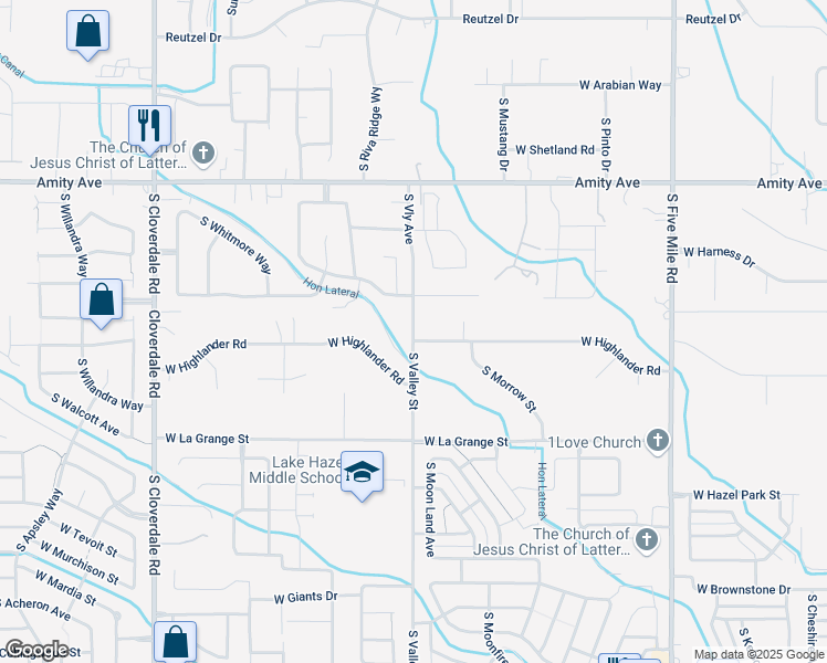 map of restaurants, bars, coffee shops, grocery stores, and more near 5057 South Valley Street in Boise