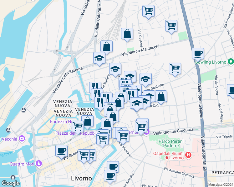 map of restaurants, bars, coffee shops, grocery stores, and more near 29 Via della Cappellina in Livorno