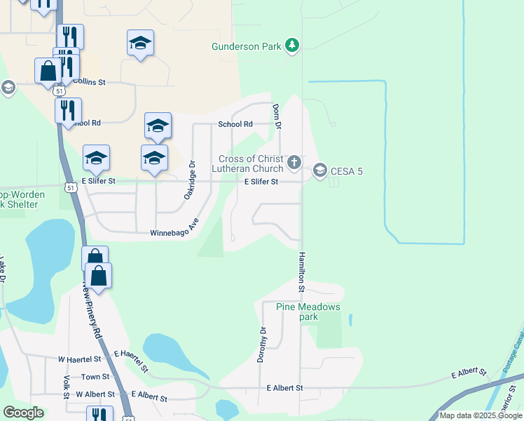 map of restaurants, bars, coffee shops, grocery stores, and more near 615 Evergreen Trail in Portage