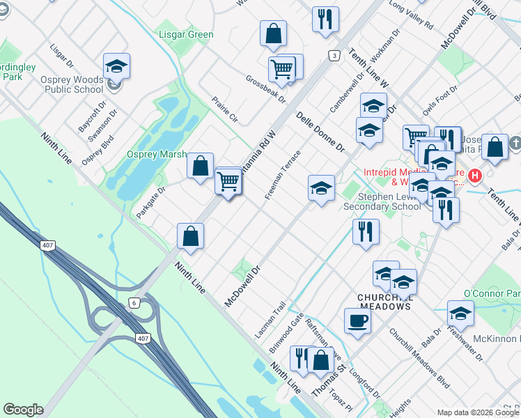 map of restaurants, bars, coffee shops, grocery stores, and more near Freeman Terrace in Mississauga