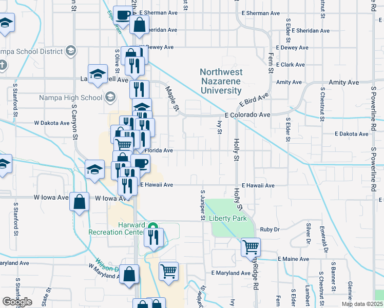 map of restaurants, bars, coffee shops, grocery stores, and more near 411 East Florida Avenue in Nampa