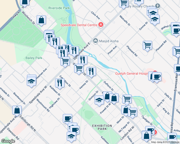 map of restaurants, bars, coffee shops, grocery stores, and more near 22 Stull Avenue in Guelph