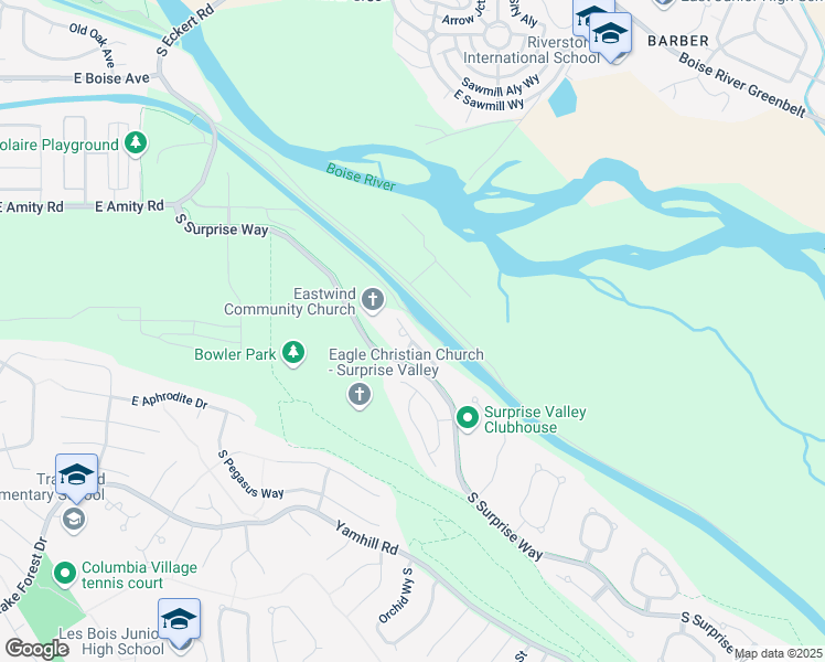 map of restaurants, bars, coffee shops, grocery stores, and more near 5116 South Surprise Way in Boise