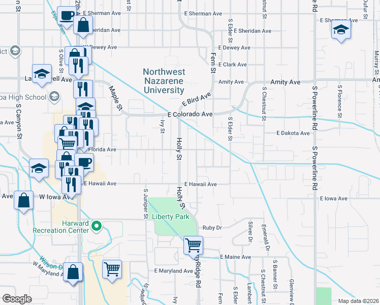 map of restaurants, bars, coffee shops, grocery stores, and more near 715 East Florida Avenue in Nampa