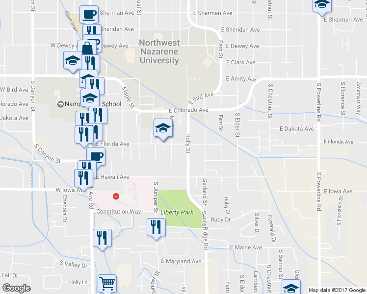 map of restaurants, bars, coffee shops, grocery stores, and more near 1203 Holly Street in Nampa