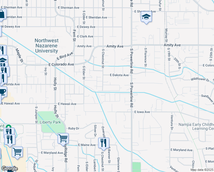 map of restaurants, bars, coffee shops, grocery stores, and more near 1279 East Sharons Loop in Nampa