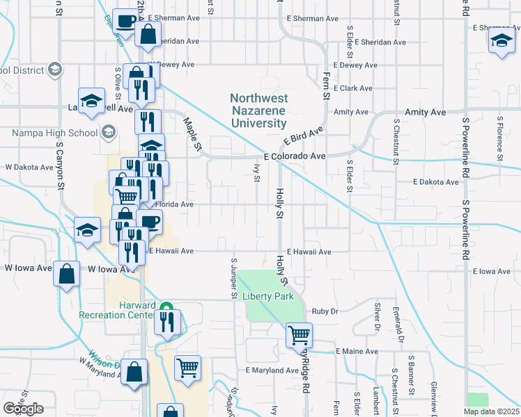 map of restaurants, bars, coffee shops, grocery stores, and more near 1203 Holly Street in Nampa