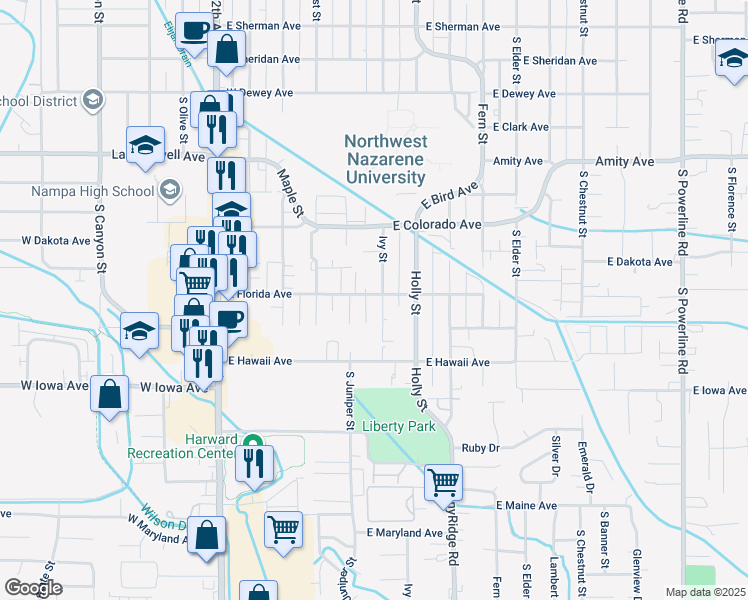 map of restaurants, bars, coffee shops, grocery stores, and more near 25 East Florida Avenue in Nampa
