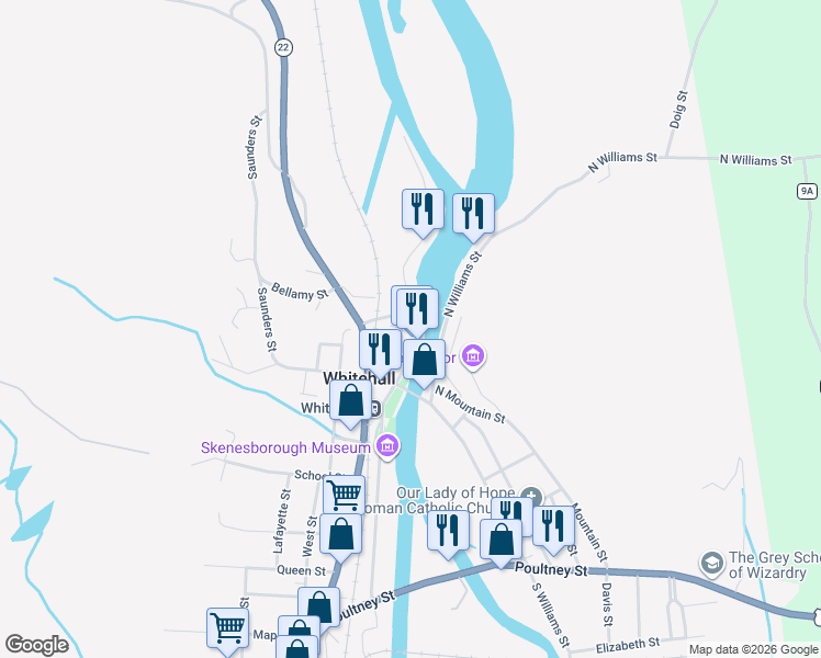map of restaurants, bars, coffee shops, grocery stores, and more near 44-46 Main Street in Whitehall