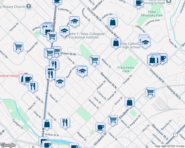 map of restaurants, bars, coffee shops, grocery stores, and more near 31 Dunkirk Avenue in Guelph