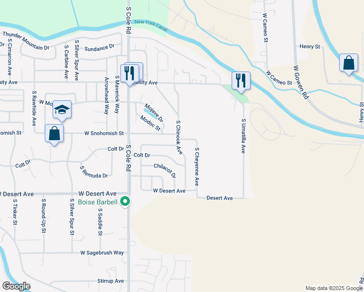 map of restaurants, bars, coffee shops, grocery stores, and more near 5010 South Chinook Avenue in Boise