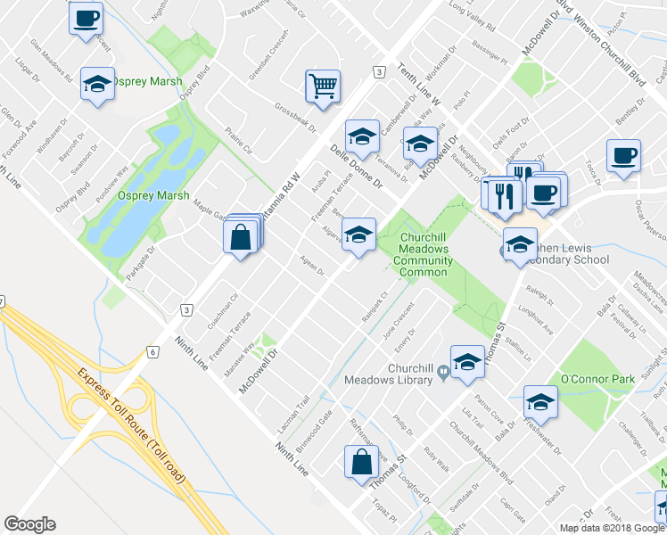 map of restaurants, bars, coffee shops, grocery stores, and more near 3461 McDowell Drive in Mississauga