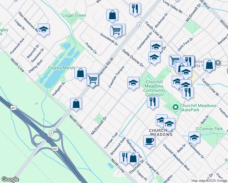 map of restaurants, bars, coffee shops, grocery stores, and more near 5910 Agean Drive in Mississauga