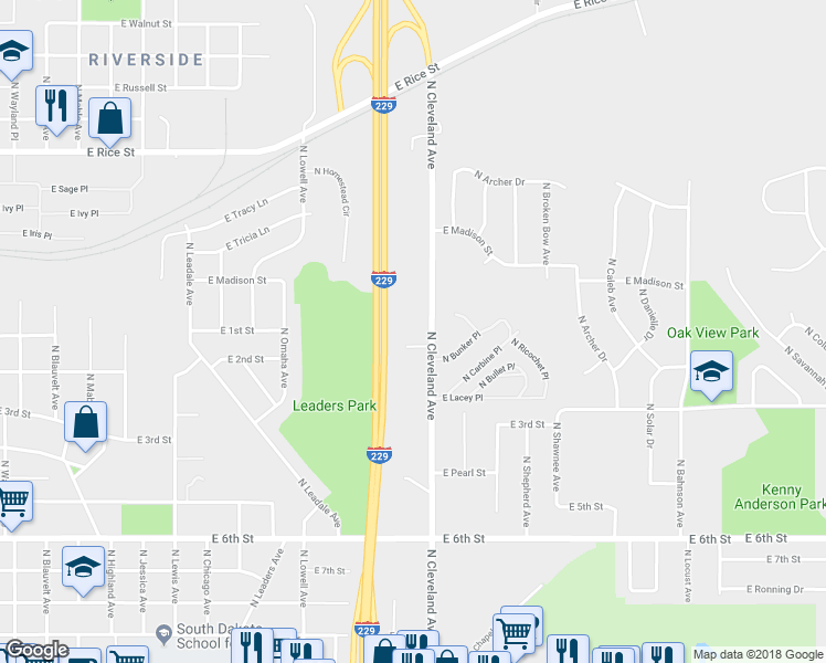 map of restaurants, bars, coffee shops, grocery stores, and more near 1001 North Cleveland Avenue in Sioux Falls