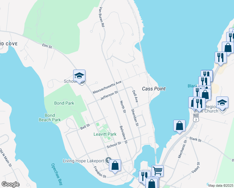 map of restaurants, bars, coffee shops, grocery stores, and more near 202 North Street in Laconia