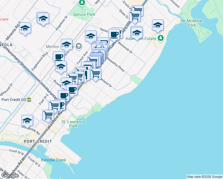 map of restaurants, bars, coffee shops, grocery stores, and more near 36 Cumberland Drive in Mississauga