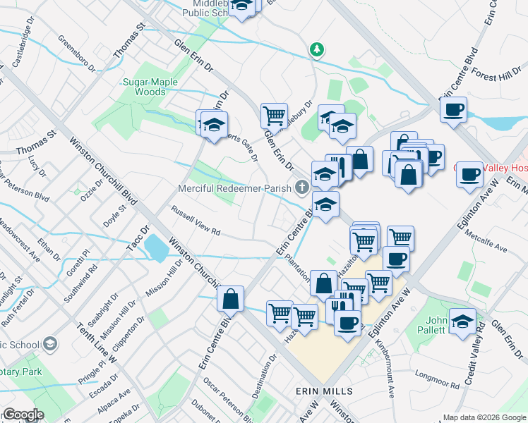 map of restaurants, bars, coffee shops, grocery stores, and more near 5223 Ruperts Gate Drive in Mississauga