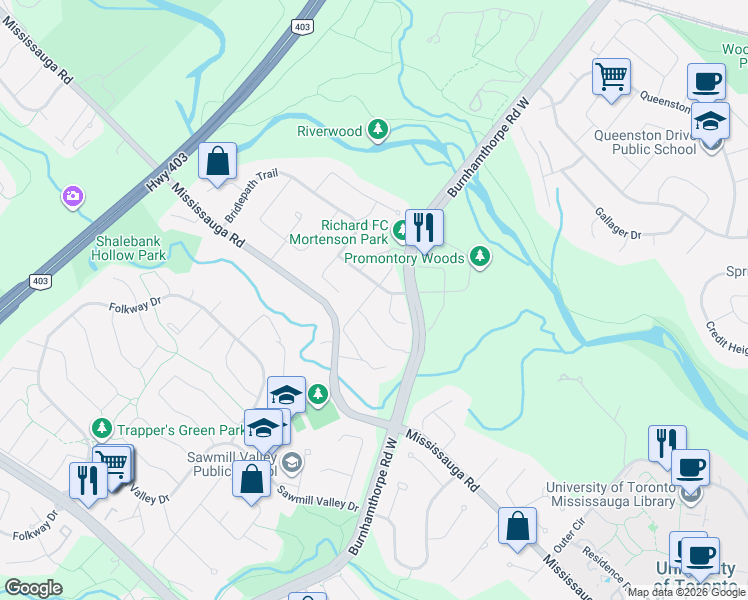 map of restaurants, bars, coffee shops, grocery stores, and more near 1715 Fifeshire Court in Mississauga