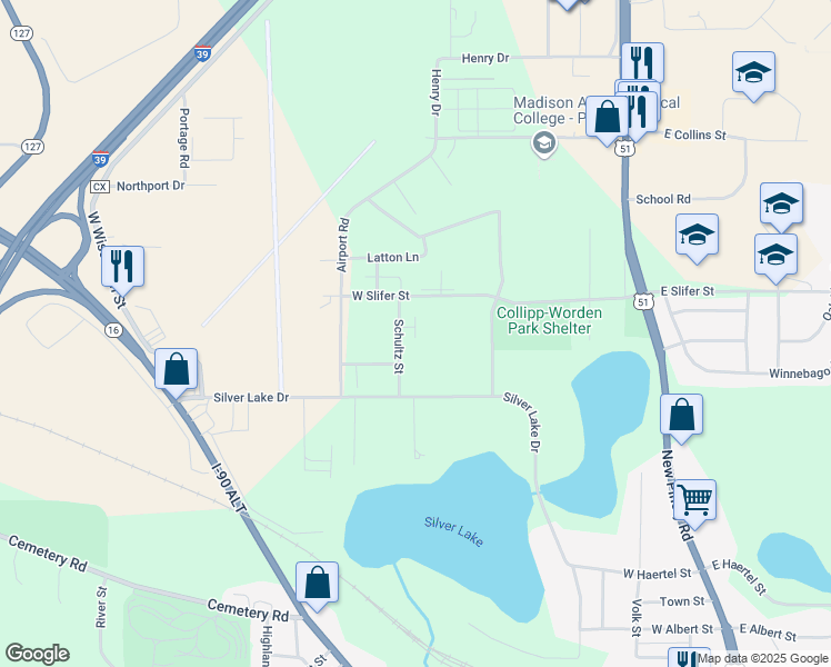 map of restaurants, bars, coffee shops, grocery stores, and more near 2375 Schultz Street in Portage