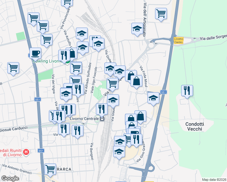 map of restaurants, bars, coffee shops, grocery stores, and more near 3 Via Glauco Masi in Provincia di Livorno