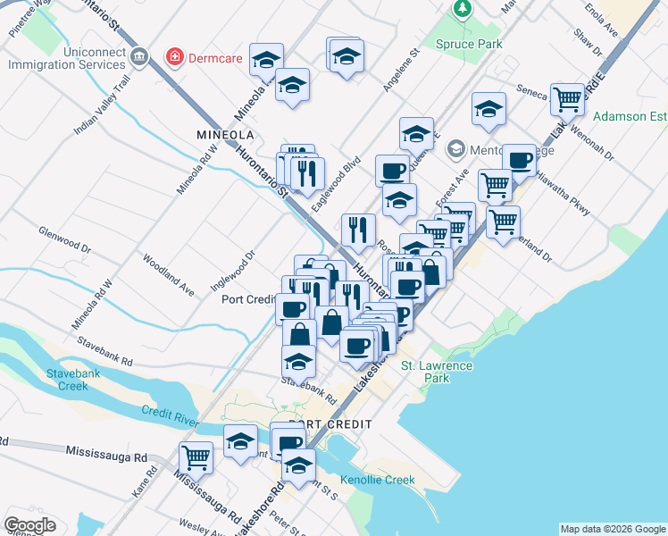 map of restaurants, bars, coffee shops, grocery stores, and more near 30 Queen Street East in Mississauga