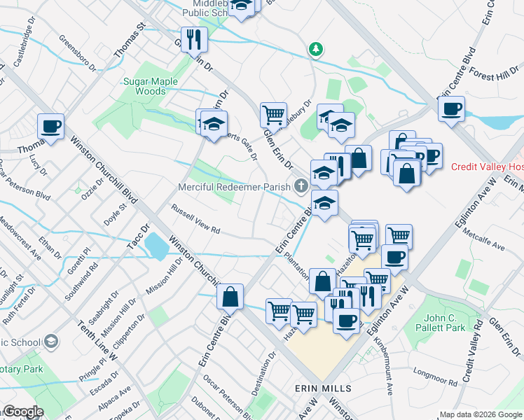 map of restaurants, bars, coffee shops, grocery stores, and more near 5223 Ruperts Gate Drive in Mississauga