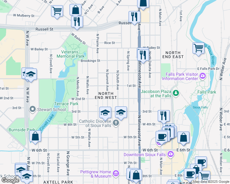 map of restaurants, bars, coffee shops, grocery stores, and more near 825 North Duluth Avenue in Sioux Falls