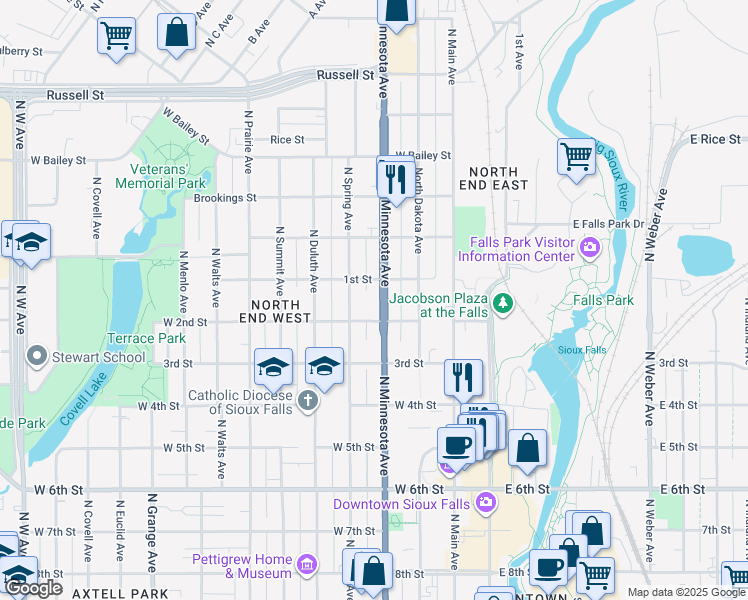 map of restaurants, bars, coffee shops, grocery stores, and more near 817 North Minnesota Avenue in Sioux Falls
