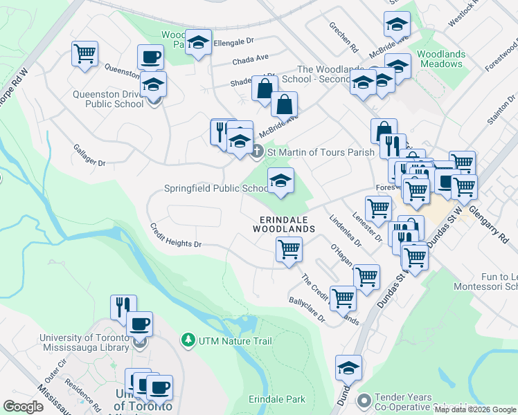 map of restaurants, bars, coffee shops, grocery stores, and more near 3250 The Credit Woodlands in Mississauga