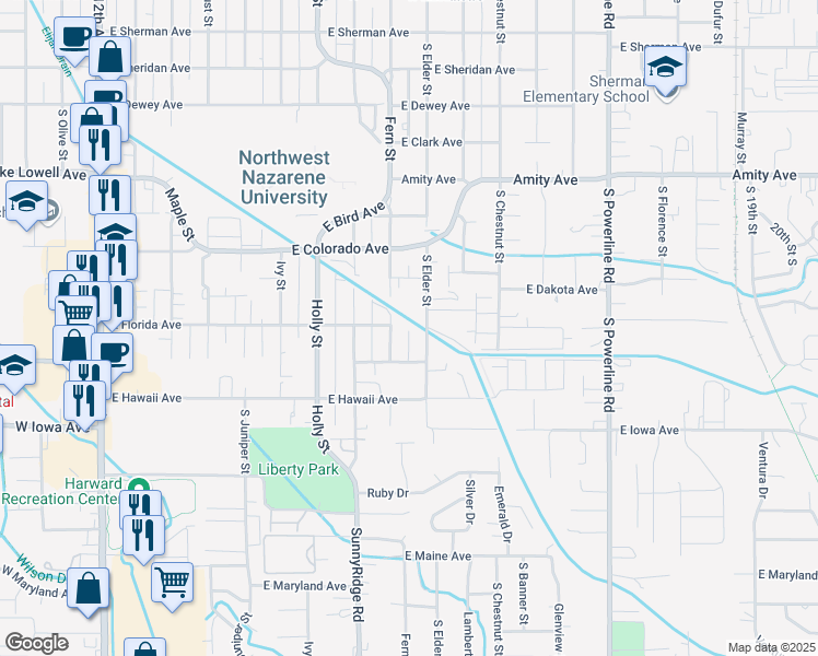 map of restaurants, bars, coffee shops, grocery stores, and more near 1203 South Elder Street in Nampa