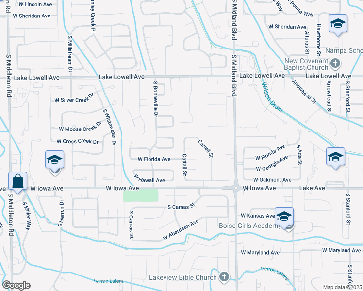 map of restaurants, bars, coffee shops, grocery stores, and more near 1538 Edwards Loop in Nampa