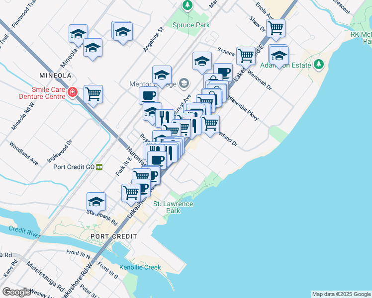 map of restaurants, bars, coffee shops, grocery stores, and more near 1 Elmwood Avenue South in Mississauga
