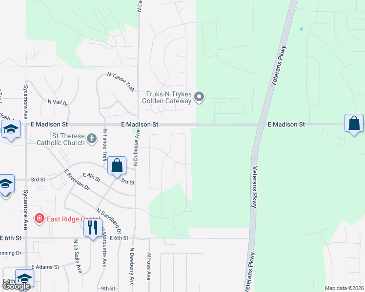 map of restaurants, bars, coffee shops, grocery stores, and more near 5501 East Madison Street in Sioux Falls