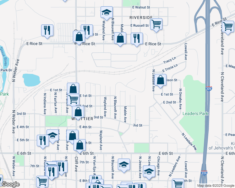 map of restaurants, bars, coffee shops, grocery stores, and more near 901 North Blauvelt Avenue in Sioux Falls