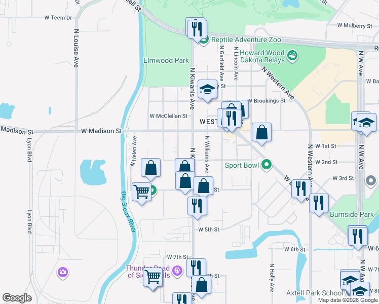 map of restaurants, bars, coffee shops, grocery stores, and more near 813 North Kiwanis Avenue in Sioux Falls