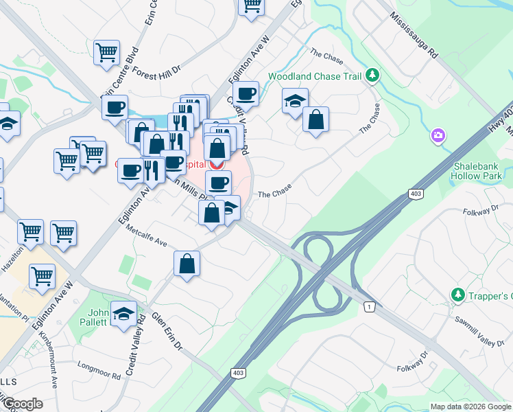 map of restaurants, bars, coffee shops, grocery stores, and more near 2180 Credit Valley Road in Mississauga