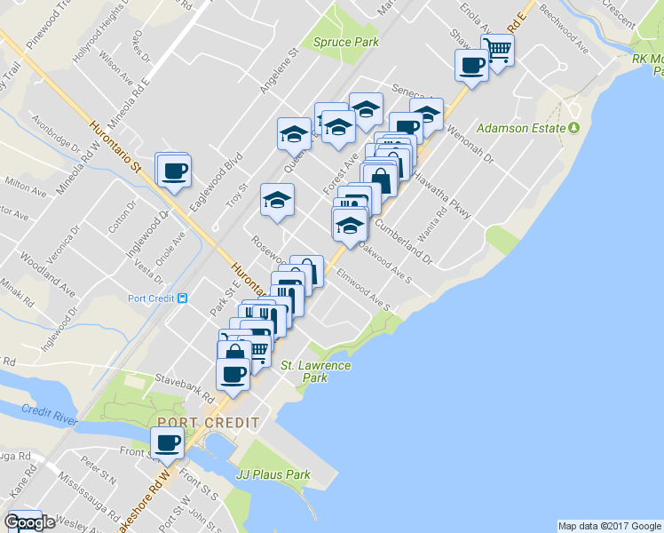 map of restaurants, bars, coffee shops, grocery stores, and more near 4 Elmwood Ave S in Mississauga