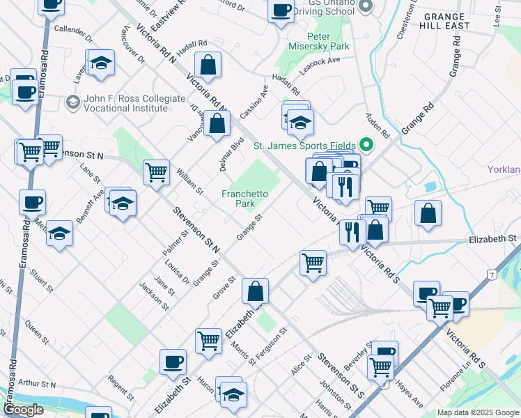 map of restaurants, bars, coffee shops, grocery stores, and more near 198 Grange Street in Guelph
