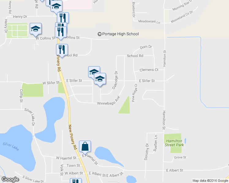 map of restaurants, bars, coffee shops, grocery stores, and more near 428 Oakridge Drive in Portage